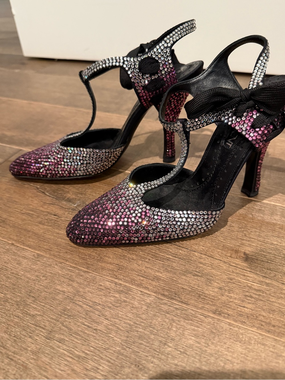 Yves Saint Laurent Pink and Silver Crystal T-Strap Heels
